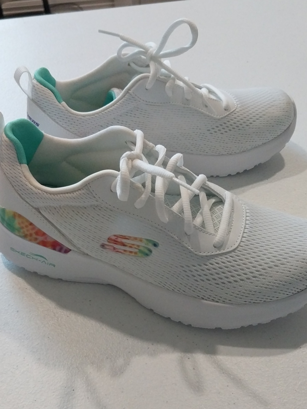 Skechers White Athletic Sneakers with Mint Interior and Rainbow Logo NWOB